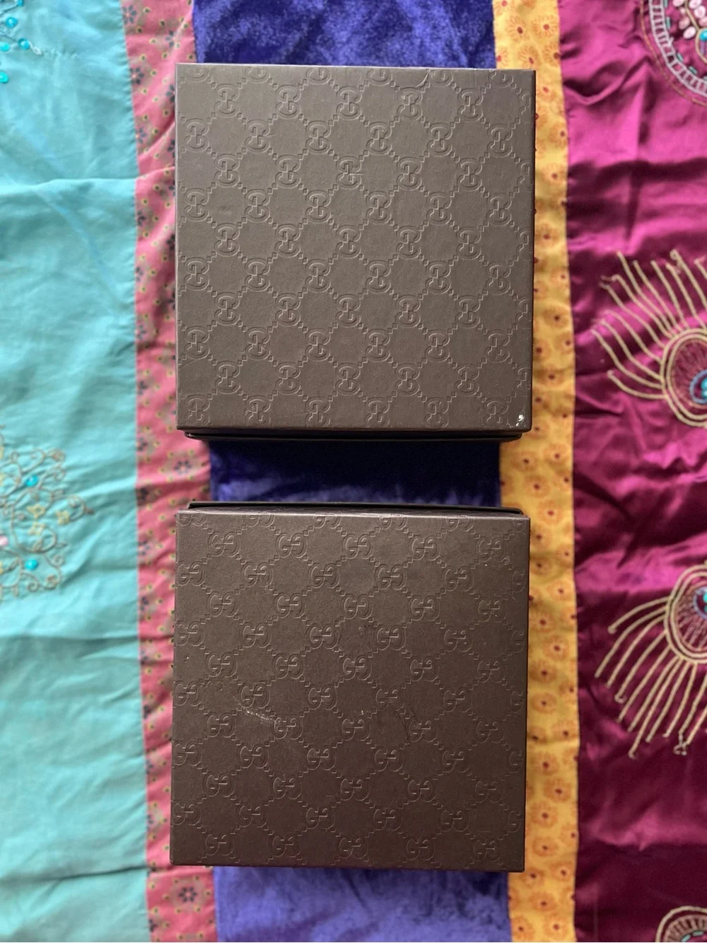 Two Gucci Brown and Gold Embossed Accessory Boxes